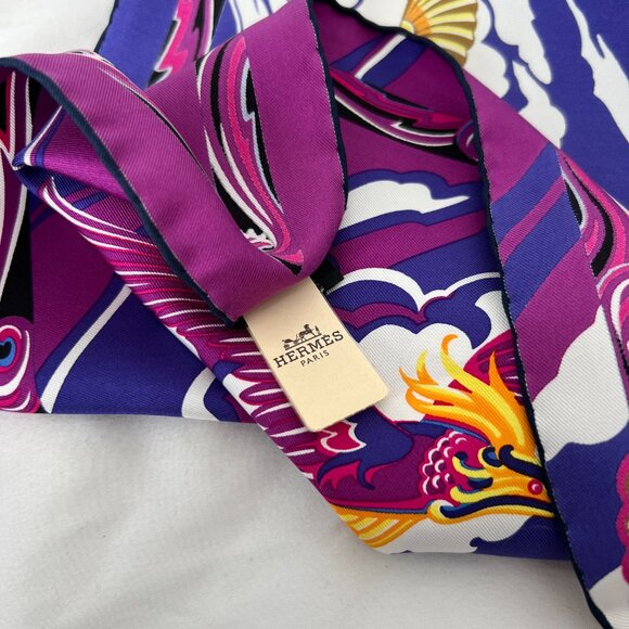 [RARE] Hermès 2014 De la Mer au Ciel Silk Scarf 90cm in Violet, Orange, Vert - Picture 6 of 10